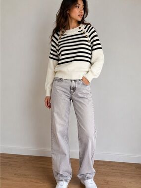Mango eWomen's Striped Knit Sweater White Black Gold Button Accent Size Small